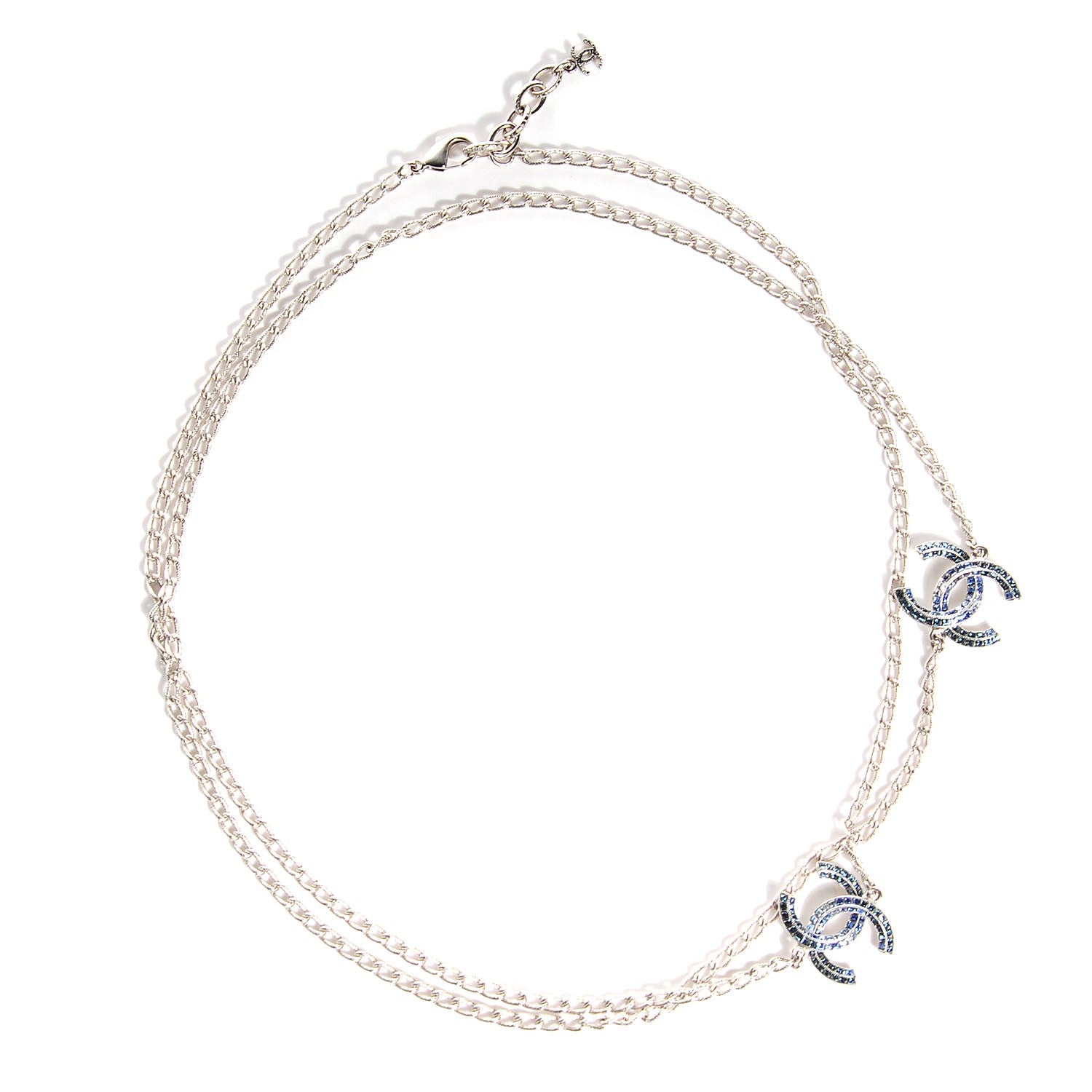 Chanel Crystal Baguette CC Double Strand Necklace Silver Blue 1 of 8