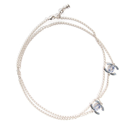 Chanel Crystal Baguette CC Double Strand Necklace Silver Blue 1 of 8