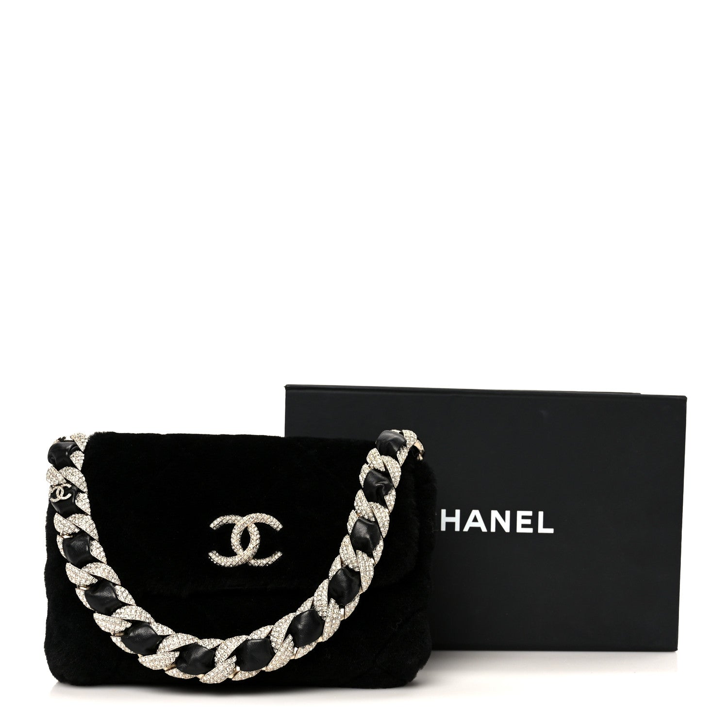 Chanel Shearling Lambskin Crystal Strass Flap Black 1840355