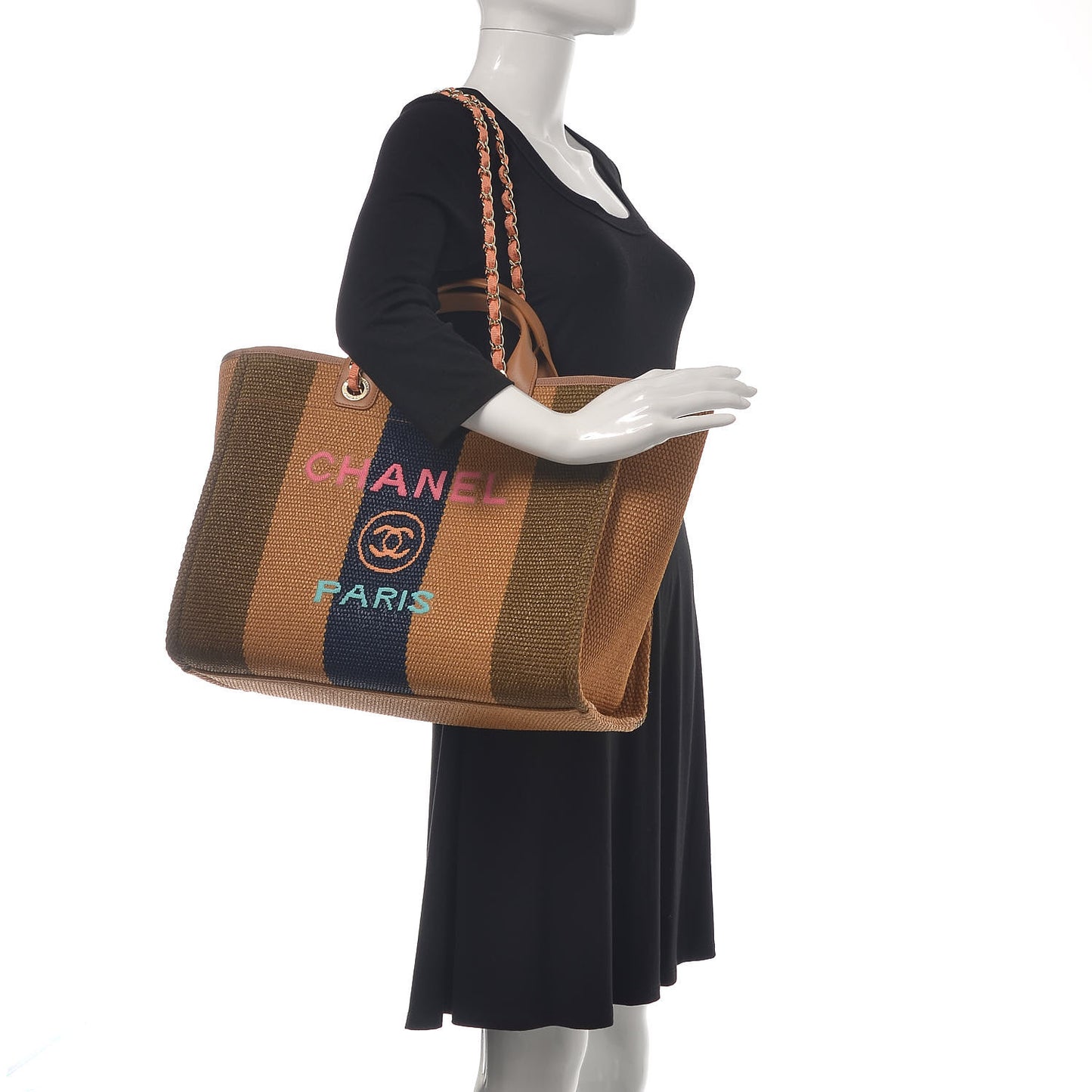 Straw Raffia Calfskin Striped Large Deauville Tote Khaki Beige Navy Blue