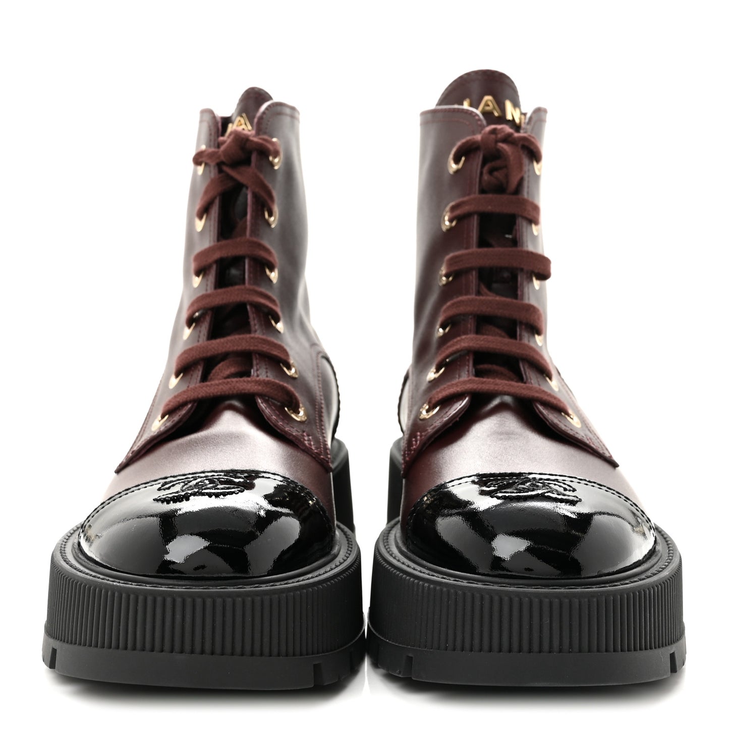 Calfskin Patent Calfskin CC Lace Up Combat Boots 40 Burgundy Black