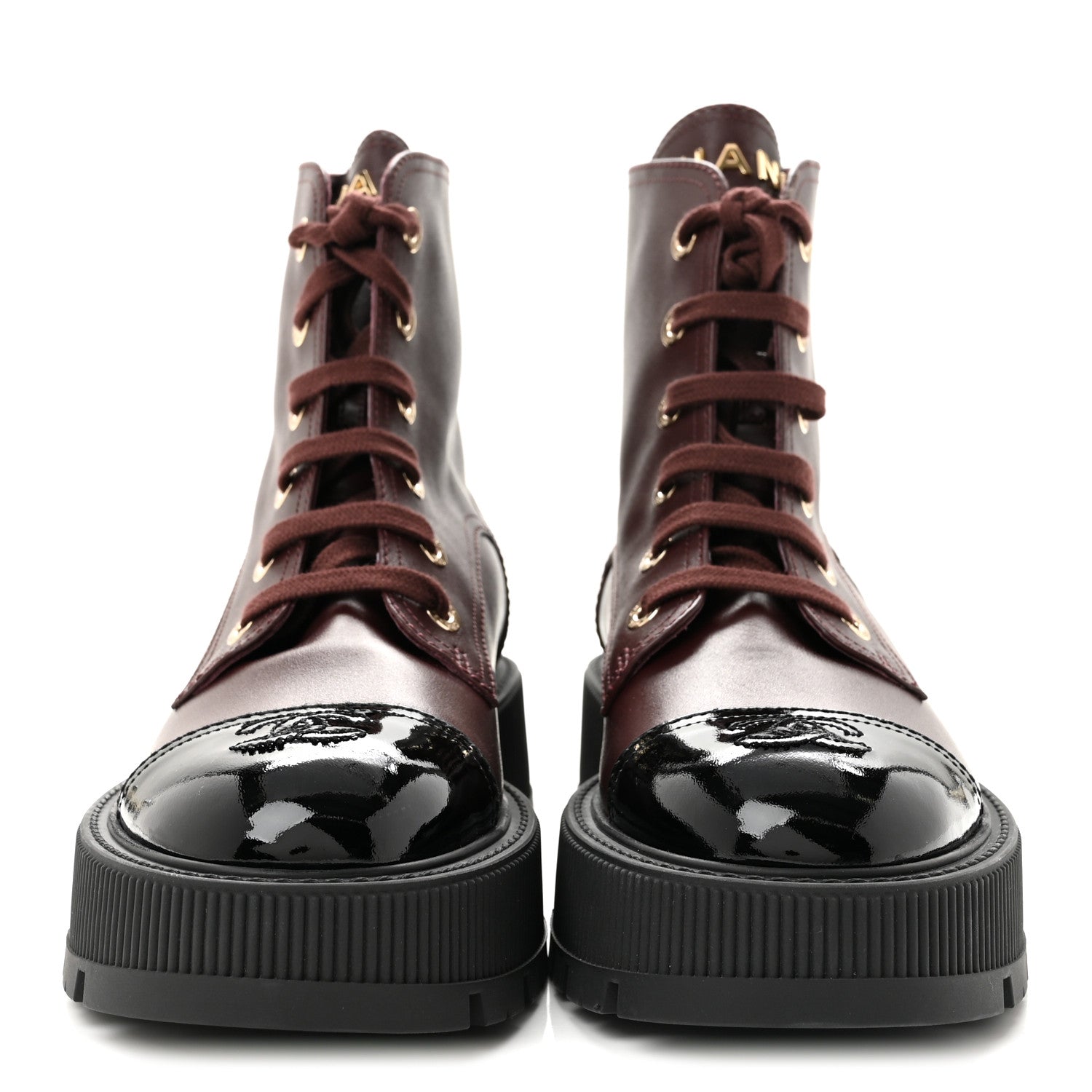 Chanel Calfskin Patent Calfskin CC Lace Up Combat Boots 40 Burgundy Black 3 of 10