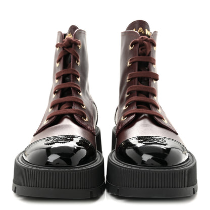 Chanel Calfskin Patent Calfskin CC Lace Up Combat Boots 40 Burgundy Black 3 of 10