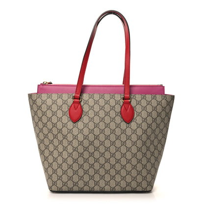 Gucci GG Supreme Monogram Medium Zippered Bucket Tote Beige Hibiscus Red New Rosette 1 of 10