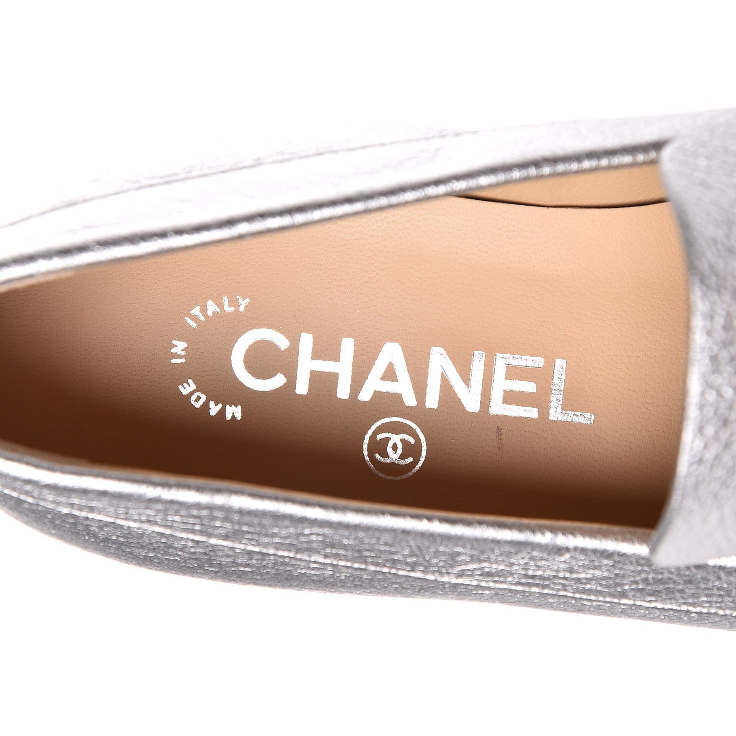 Chanel Crackled Goatskin Laminated CC Loafers 36.5 Silver 5 of 10