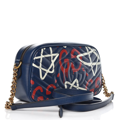 Gucci Calfskin Matelasse GucciGhost Small GG Marmont Chain Shoulder Bag Blue Agata Hibiscus Red 3 of 8