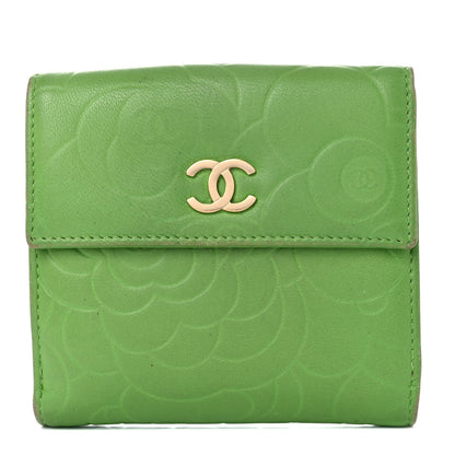 Chanel Lambskin Camellia Embossed Compact French Flap Wallet Green 1 of 21