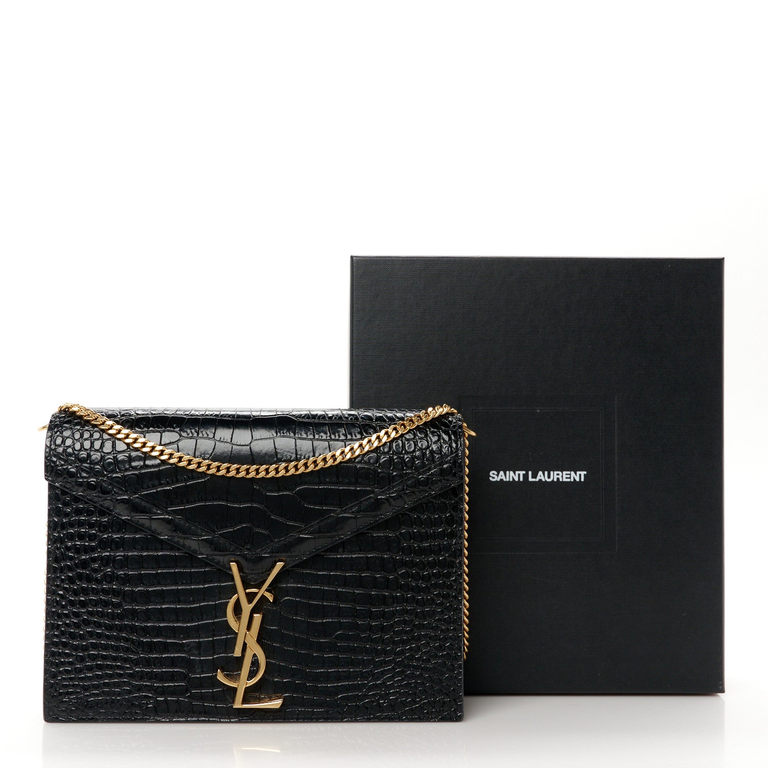 Saint Laurent Calfskin Crocodile Embossed Monogram Cassandra Clasp Bag Black Rouge Legion 13 of 13