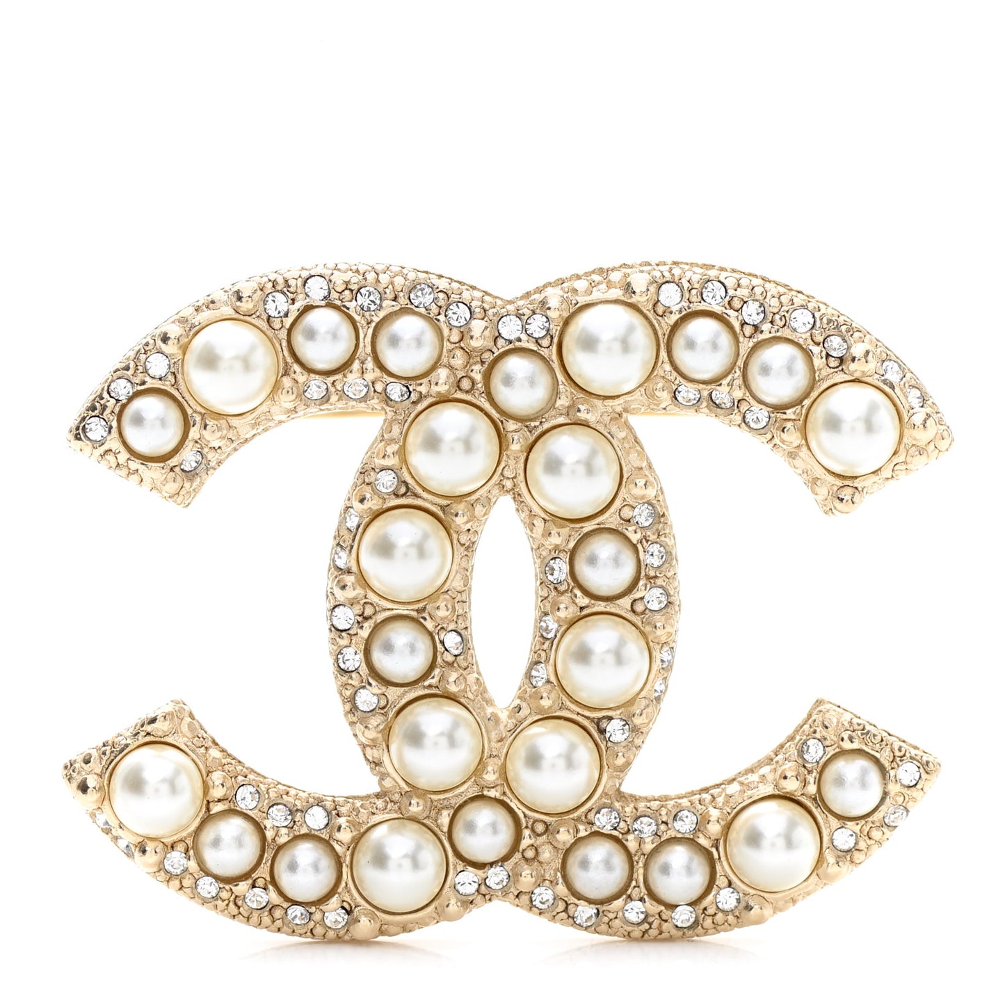 Metal Crystal Graduated Pearl CC Brooch Gold