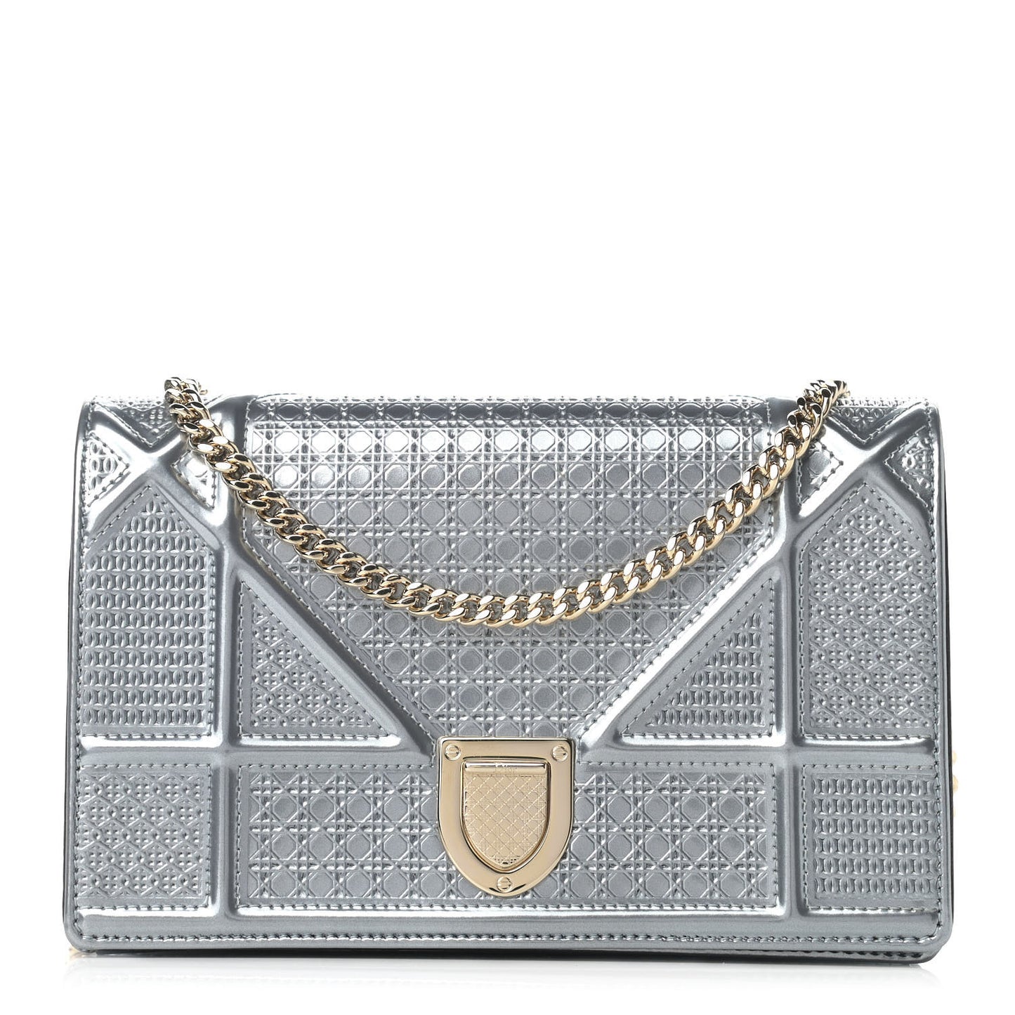Metallic Patent Micro-Cannage Mini Diorama Flap Bag Silver