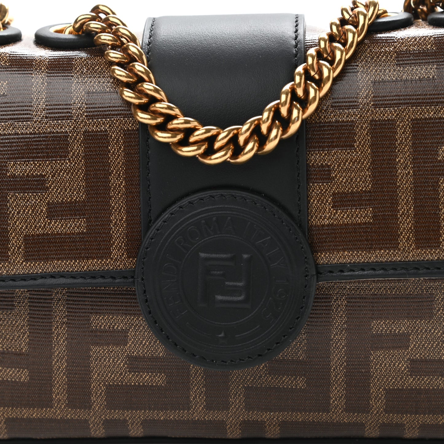 Glazed Fabric Vitello Century FF 1974 Stamp Patch Mini Double F Crossbody Bag Mogano Panna Black