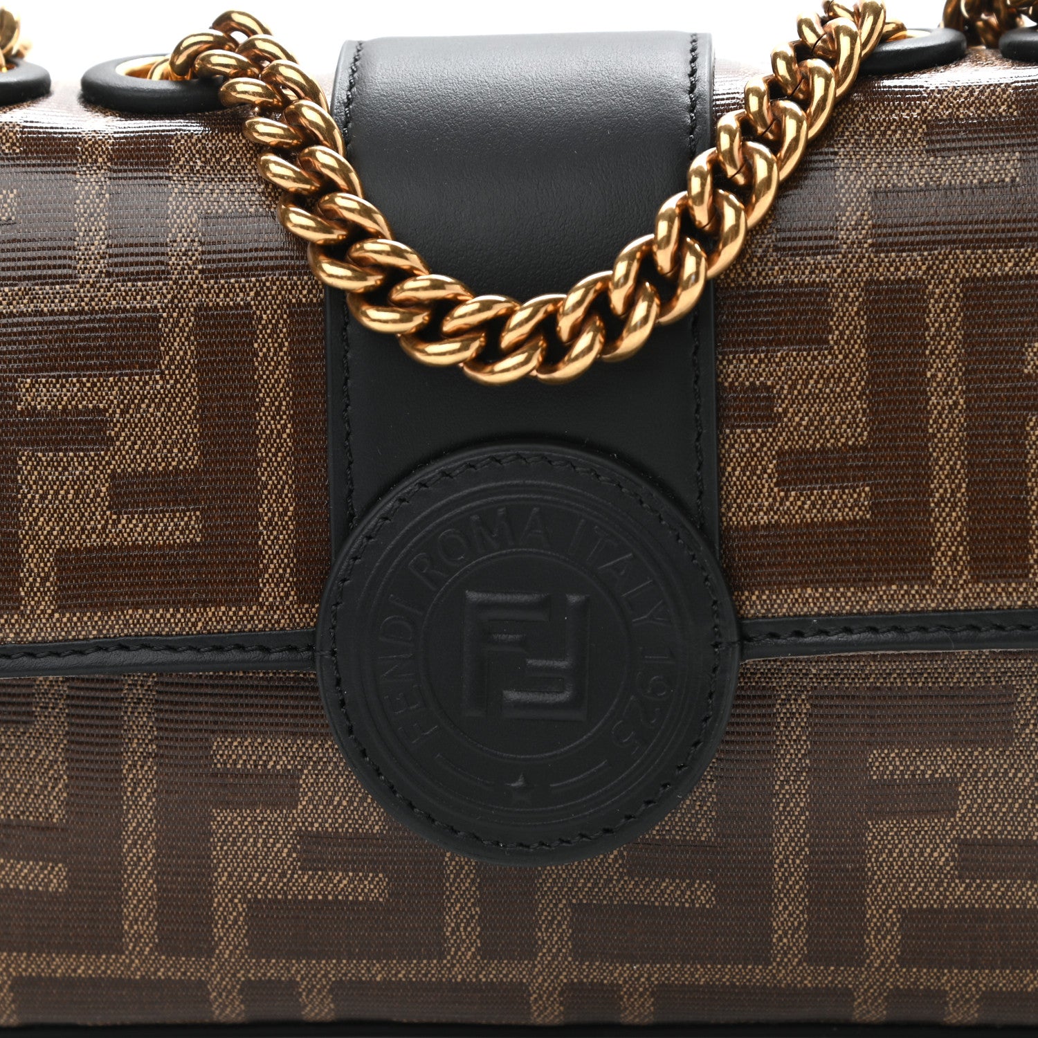 Fendi Glazed Fabric Vitello Century FF 1974 Stamp Patch Mini Double F Crossbody Bag Mogano Panna Black 8 of 10