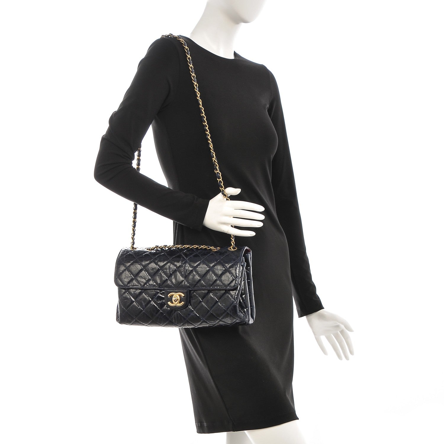 Chanel Glazed Calfskin Quilted Jumbo Clams Pocket Flap Navy Blue 2 of 7