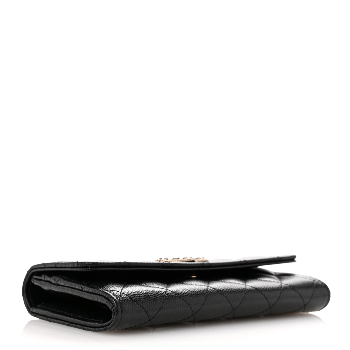 Caviar Quilted Crystal CC Large Gusset Flap Wallet Black
