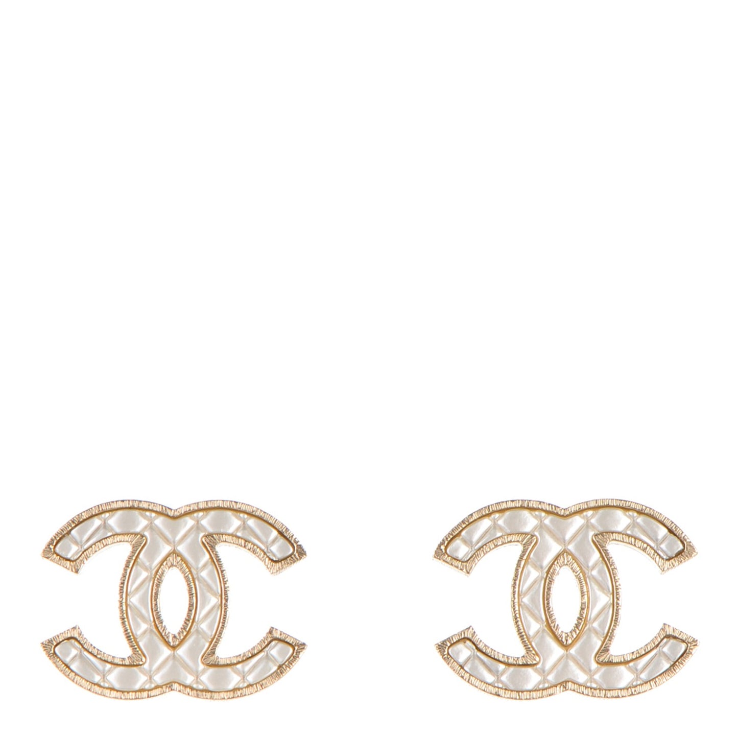Metal Quilted CC Earrings Gold White