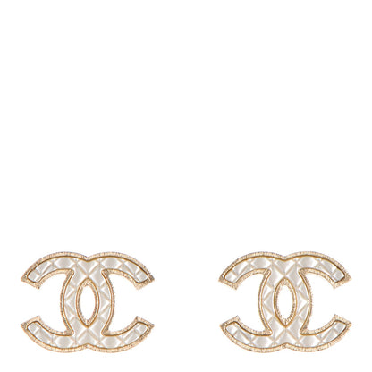Chanel Metal Quilted CC Earrings Gold White 1 of 5