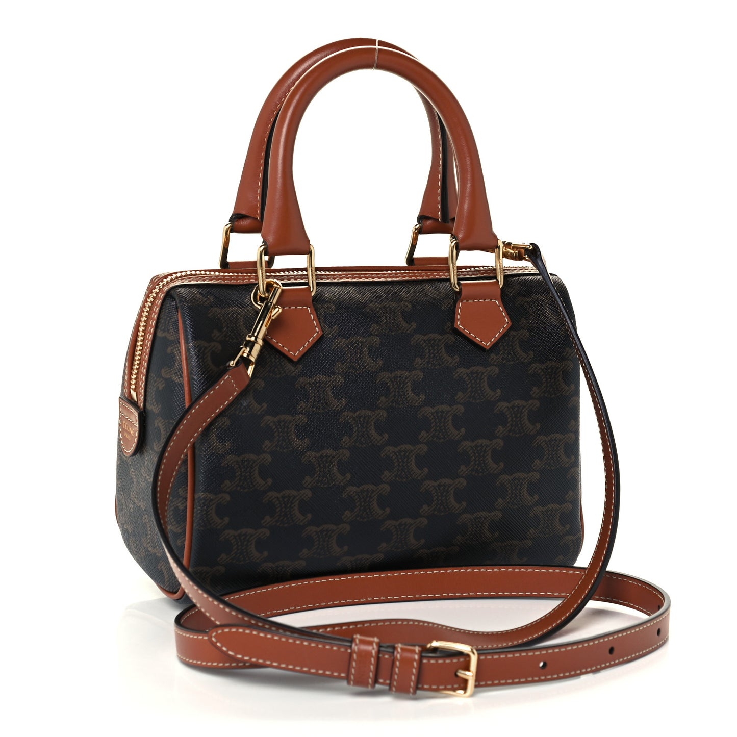 Triomphe Canvas Calfskin Small Boston Bag Tan