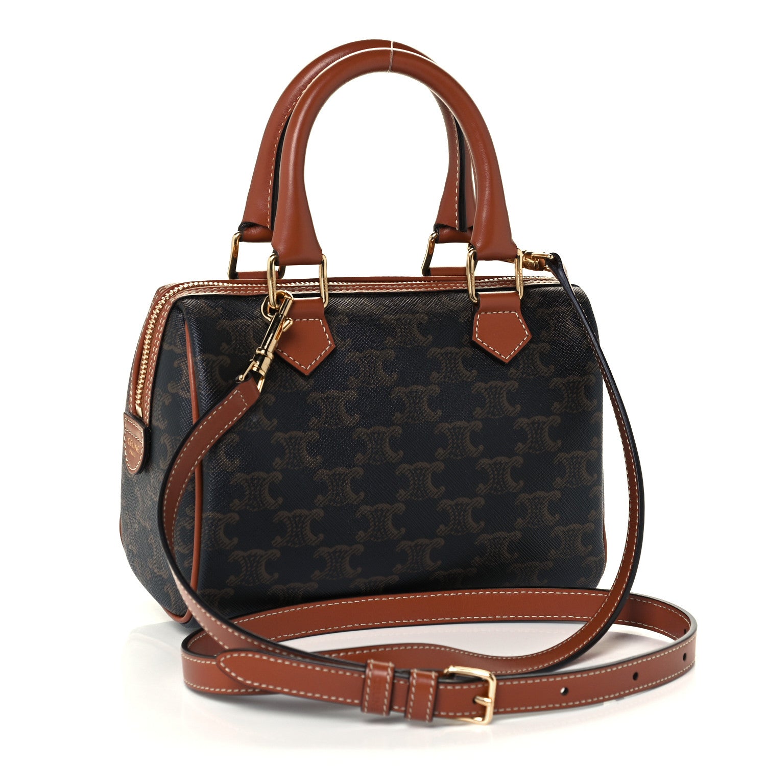 Celine Triomphe Canvas Calfskin Small Boston Bag Tan 3 of 11