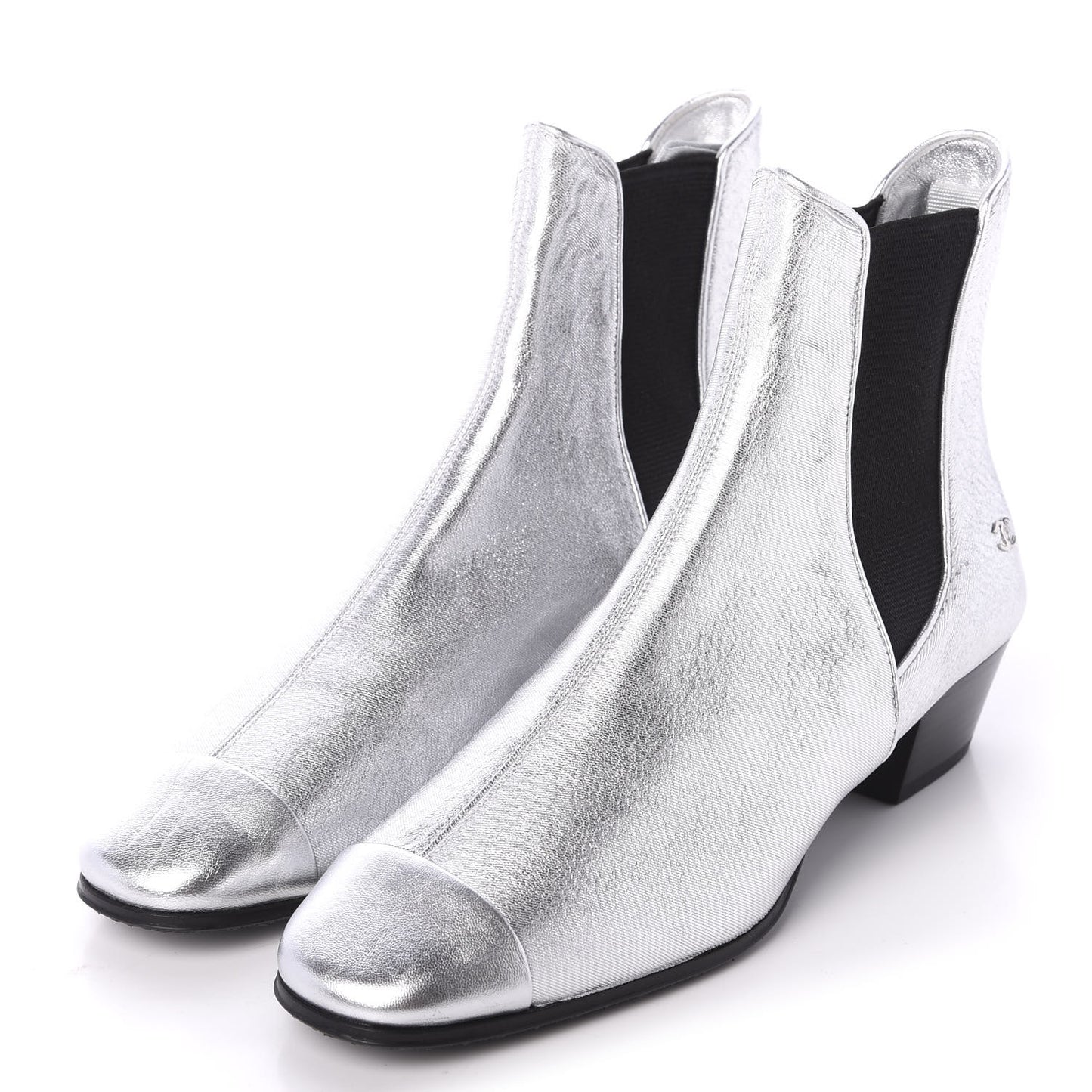 Metallic Goatskin CC Short Boots 36 Silver