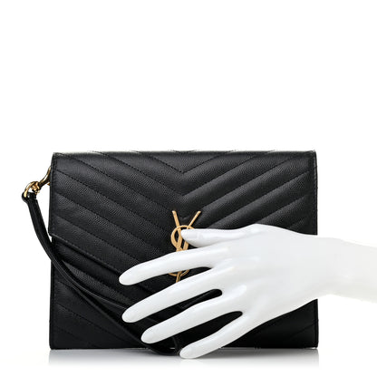 Saint Laurent Grain De Poudre Matelasse Chevron Monogram Envelope Clutch Black 2 of 7