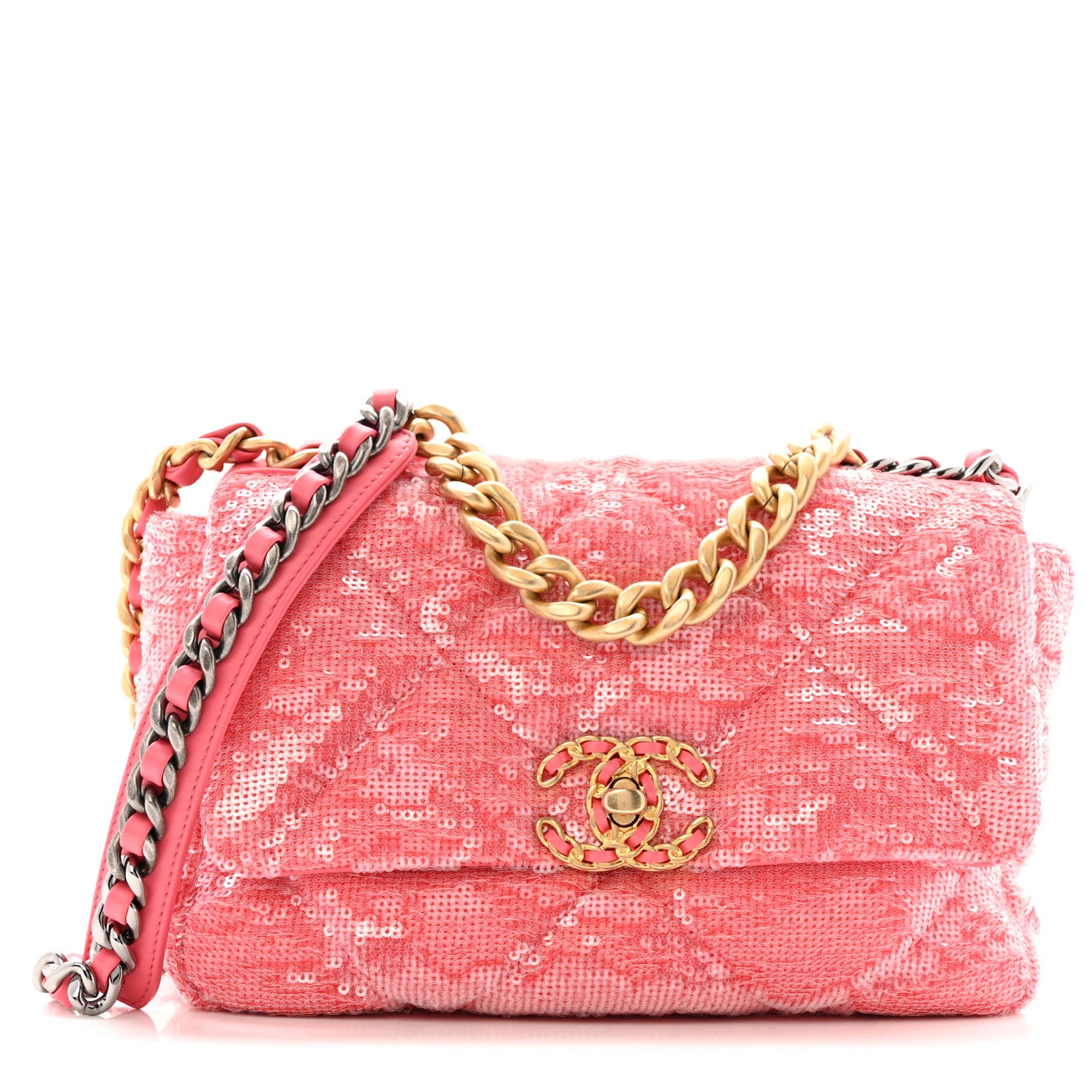 Chanel Sequin Quilted Medium Chanel 19 Flap Coral 1 of 13
