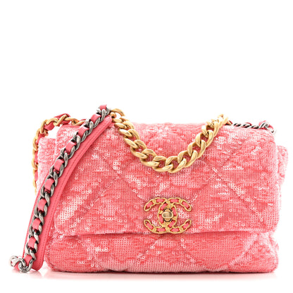 Chanel Sequin Quilted Medium Chanel 19 Flap Coral 1 of 13
