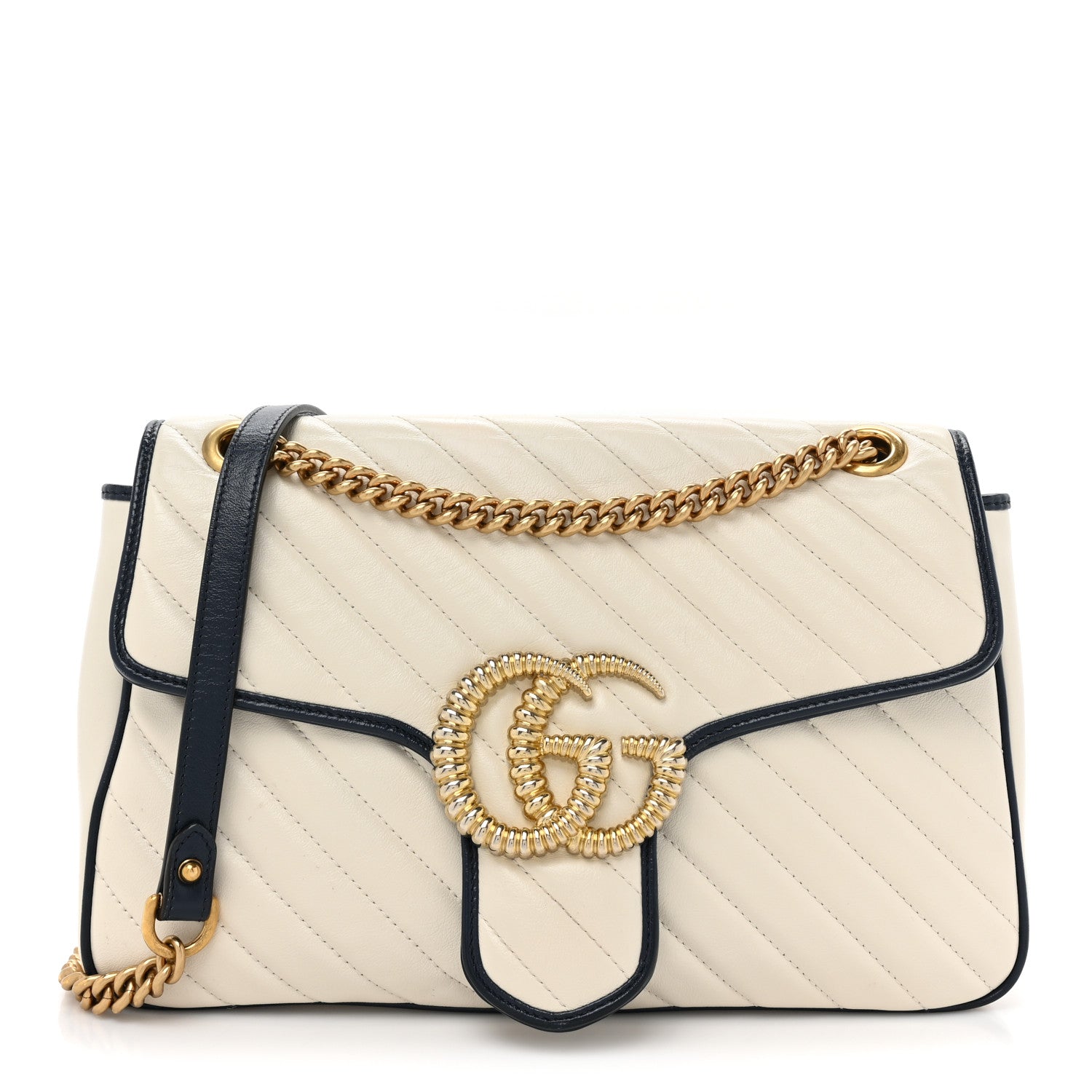 Gucci Vintage Effect Calfskin Matelasse Diagonal Medium Torchon GG Marmont Shoulder Bag Mystic White Blue Agata 1 of 12