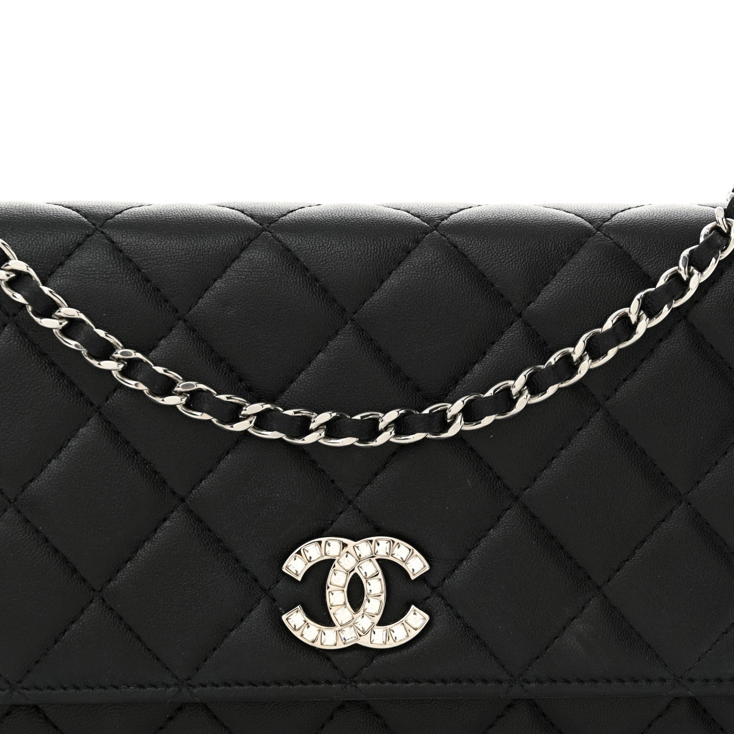 Lambskin Quilted Crystal CC Wallet On Chain WOC Black