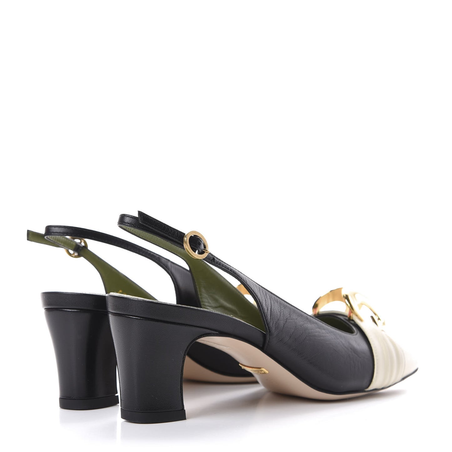 Malaga Kid Half Moon GG Square Toe Slingback Pumps 36 Black Vintage White