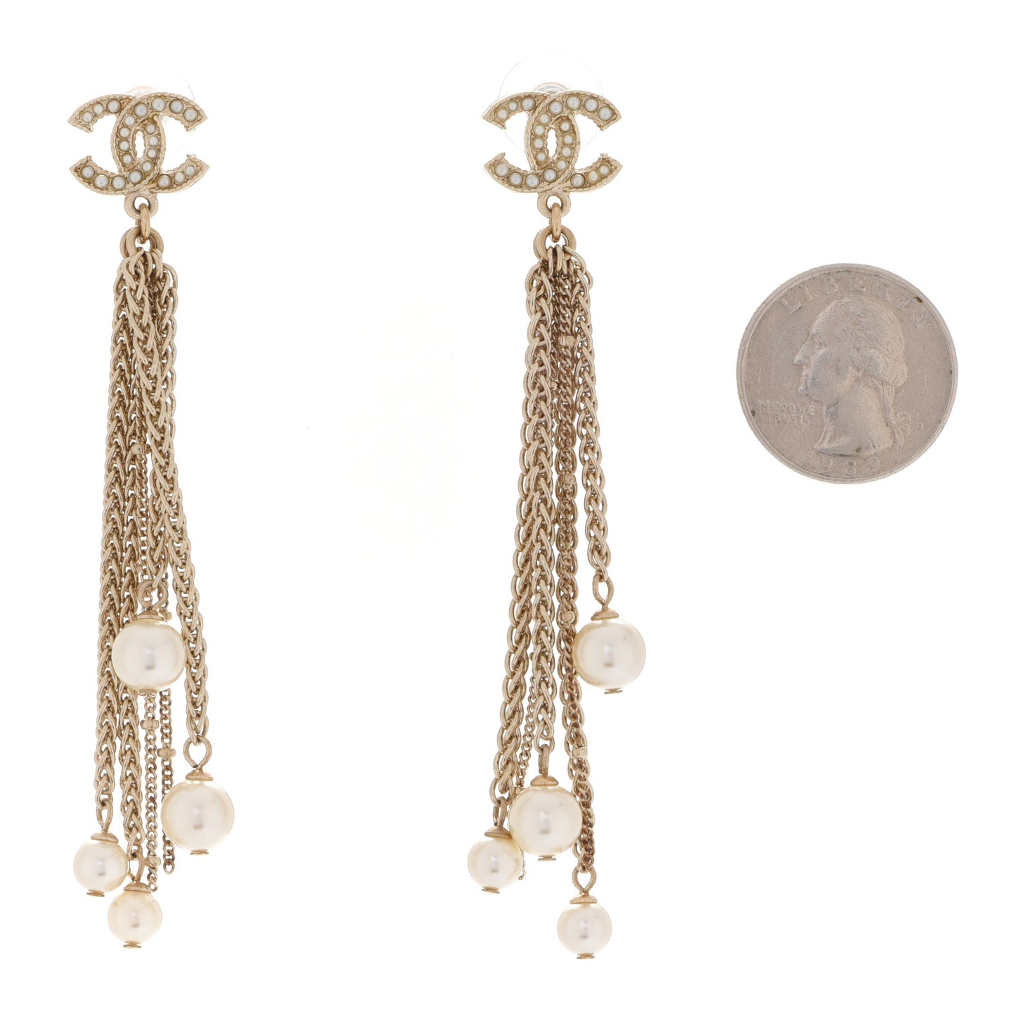 Glass Pearl CC Long Drop Earrings Gold