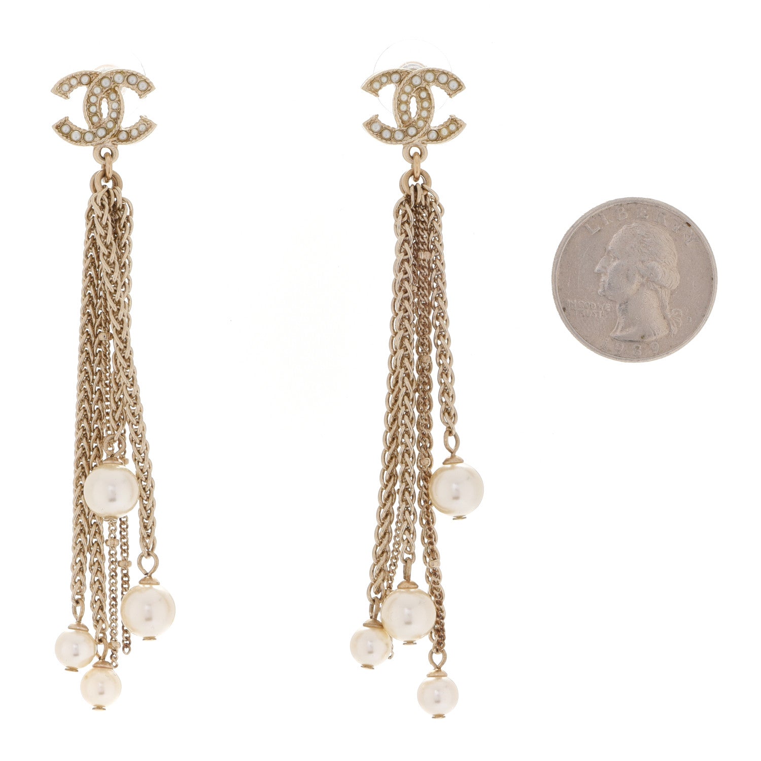 Chanel Glass Pearl CC Long Drop Earrings Gold 2 of 5