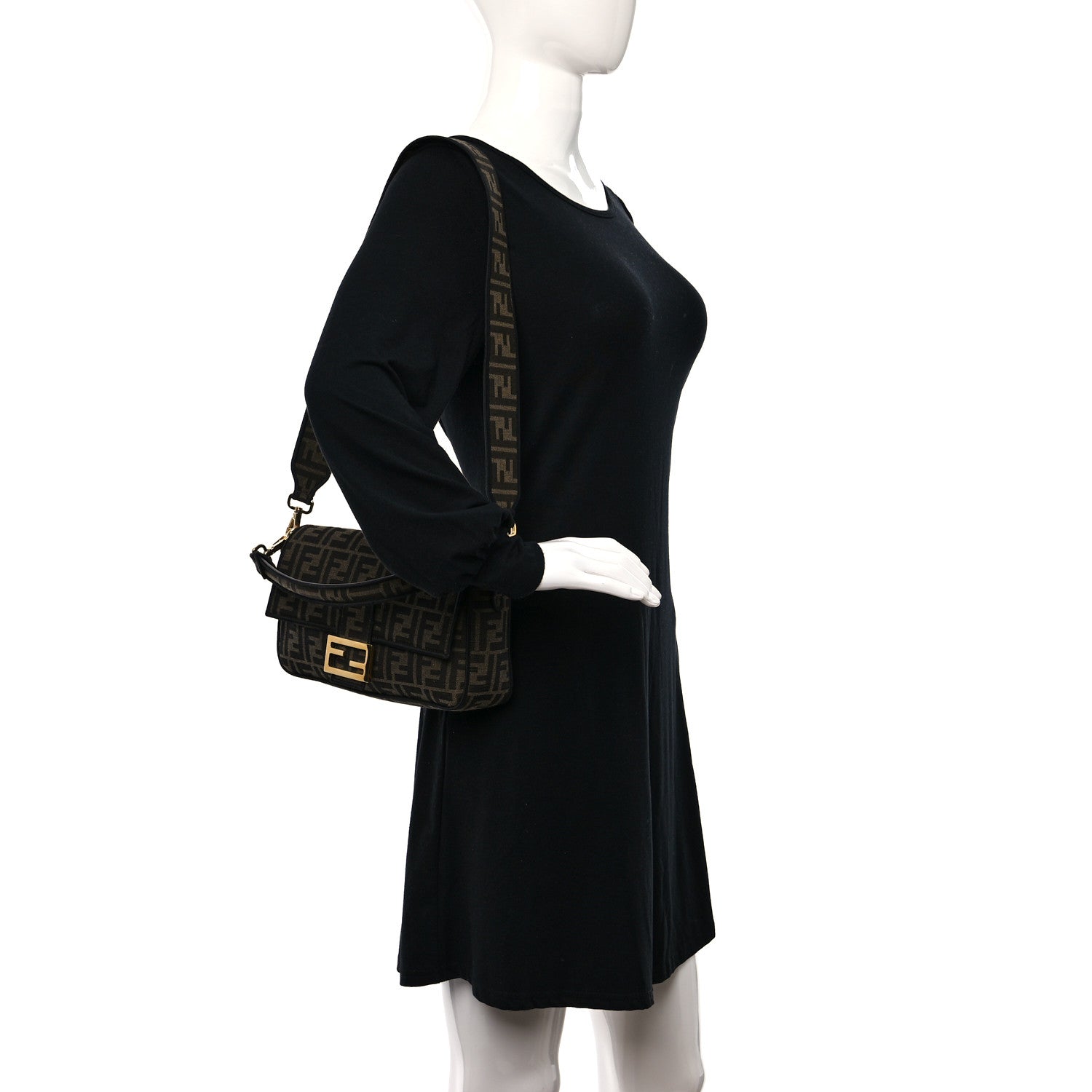 Fendi Fabric Jacquard FF 1974 Medium Baguette Tobacco Moro Black 3 of 9