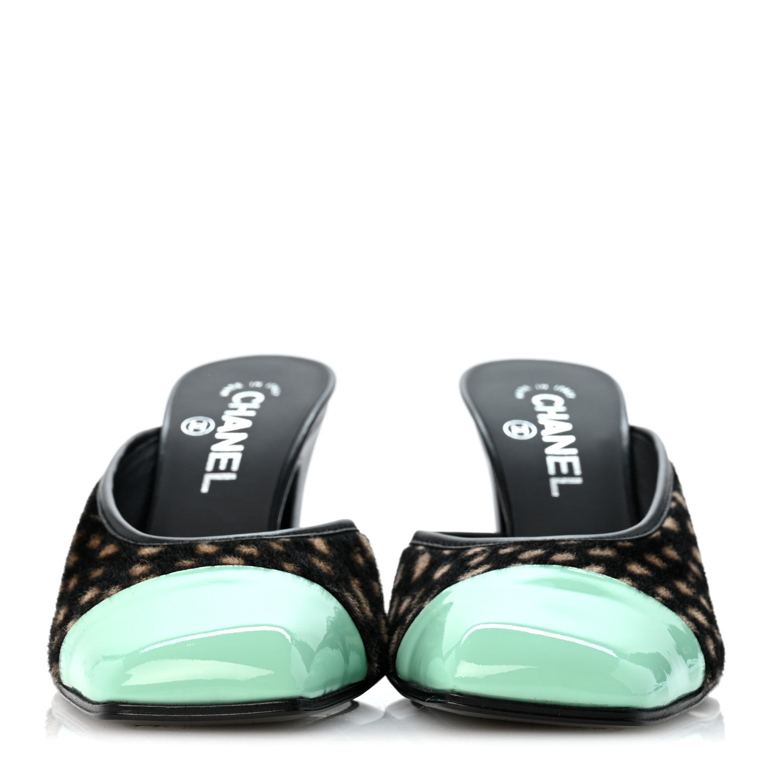 Chanel Pony Hair Lambskin Patent Calfskin Cap Toe Mules 37 Black White Green 3 of 10