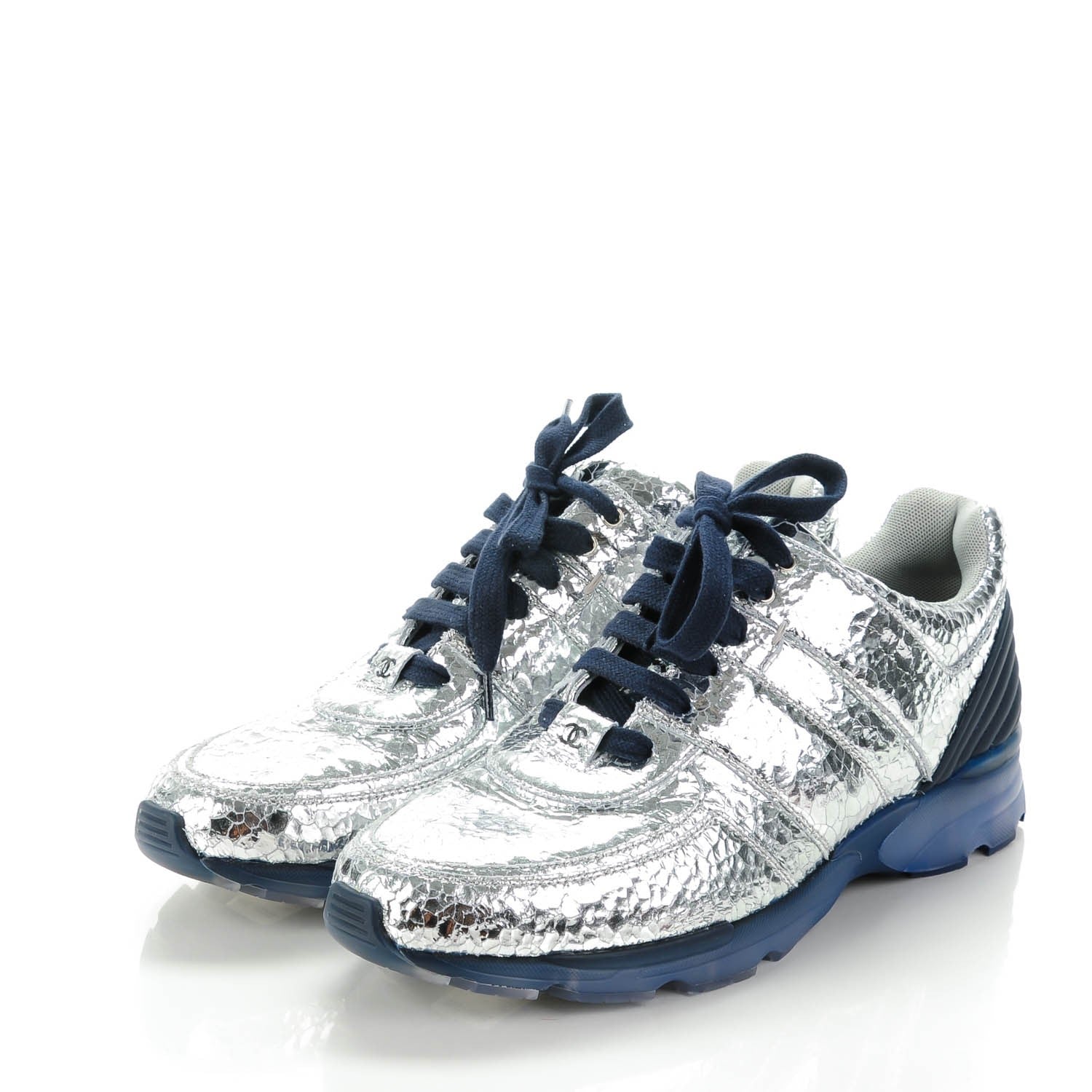 Chanel Metallic Crackled Calfskin CC Sneakers 42 Silver Black Navy 2 of 8