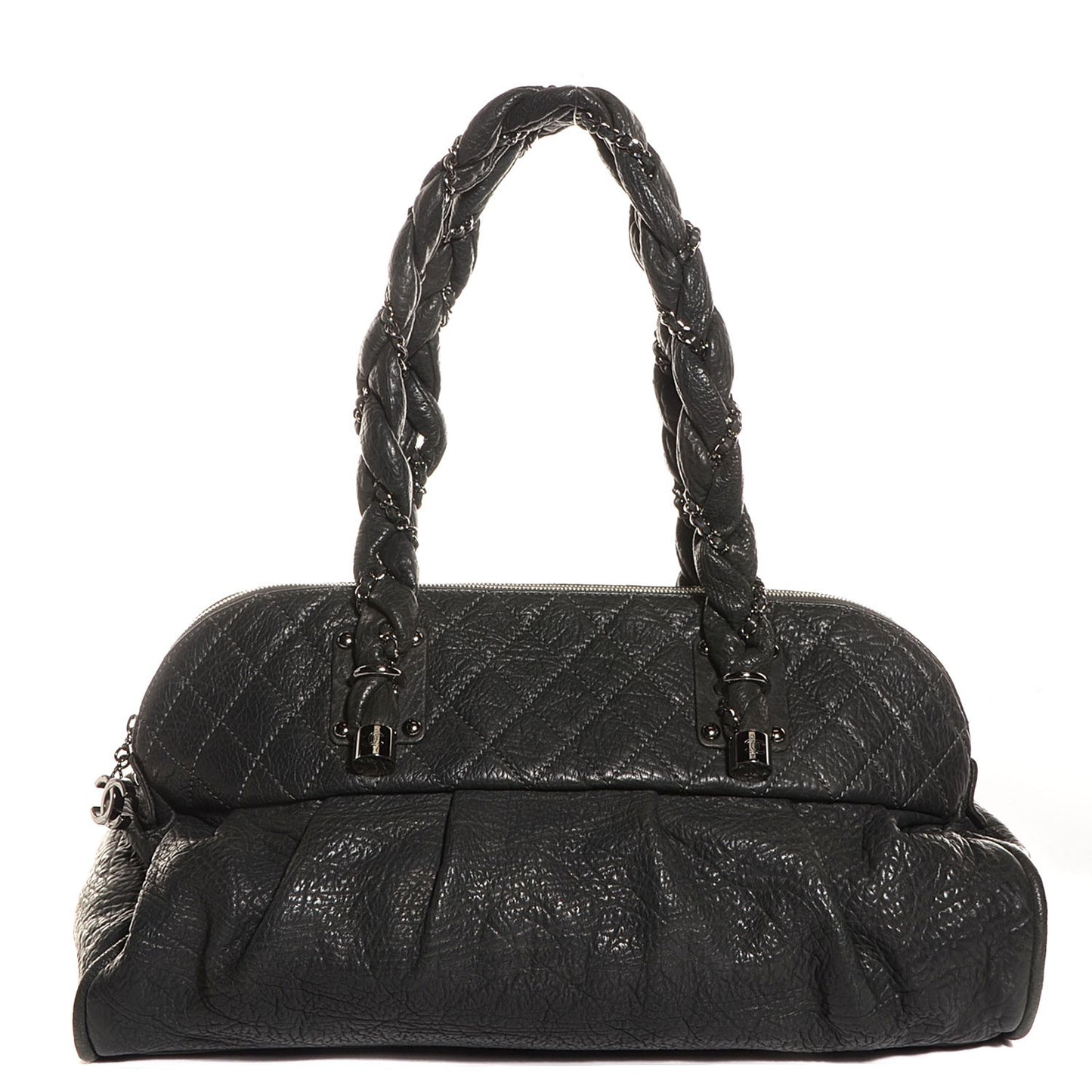 Distressed Lambskin Lady Braid Large Satchel Dark Grey