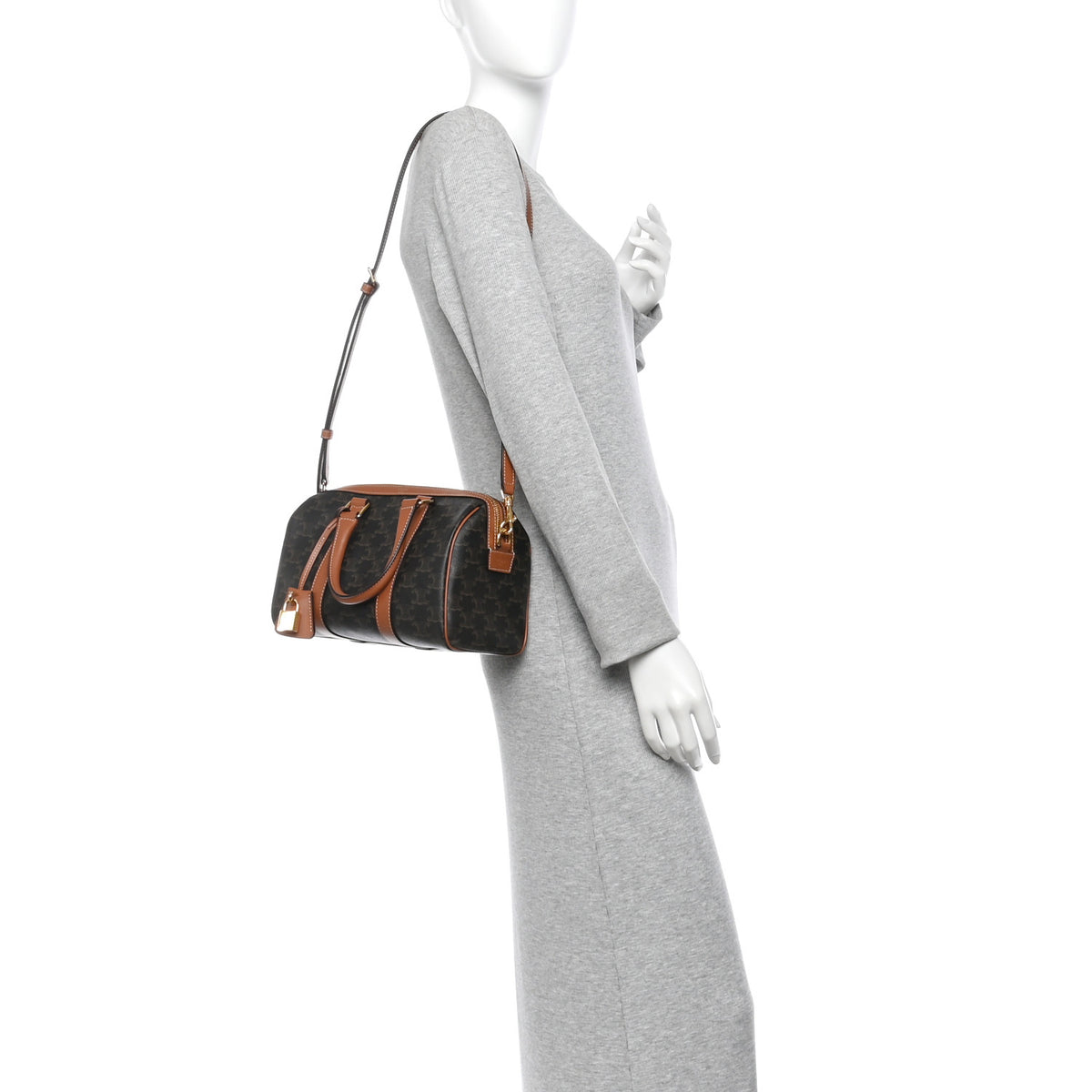 Celine Triomphe Canvas Calfskin Medium Boston Bag Tan 2 of 10