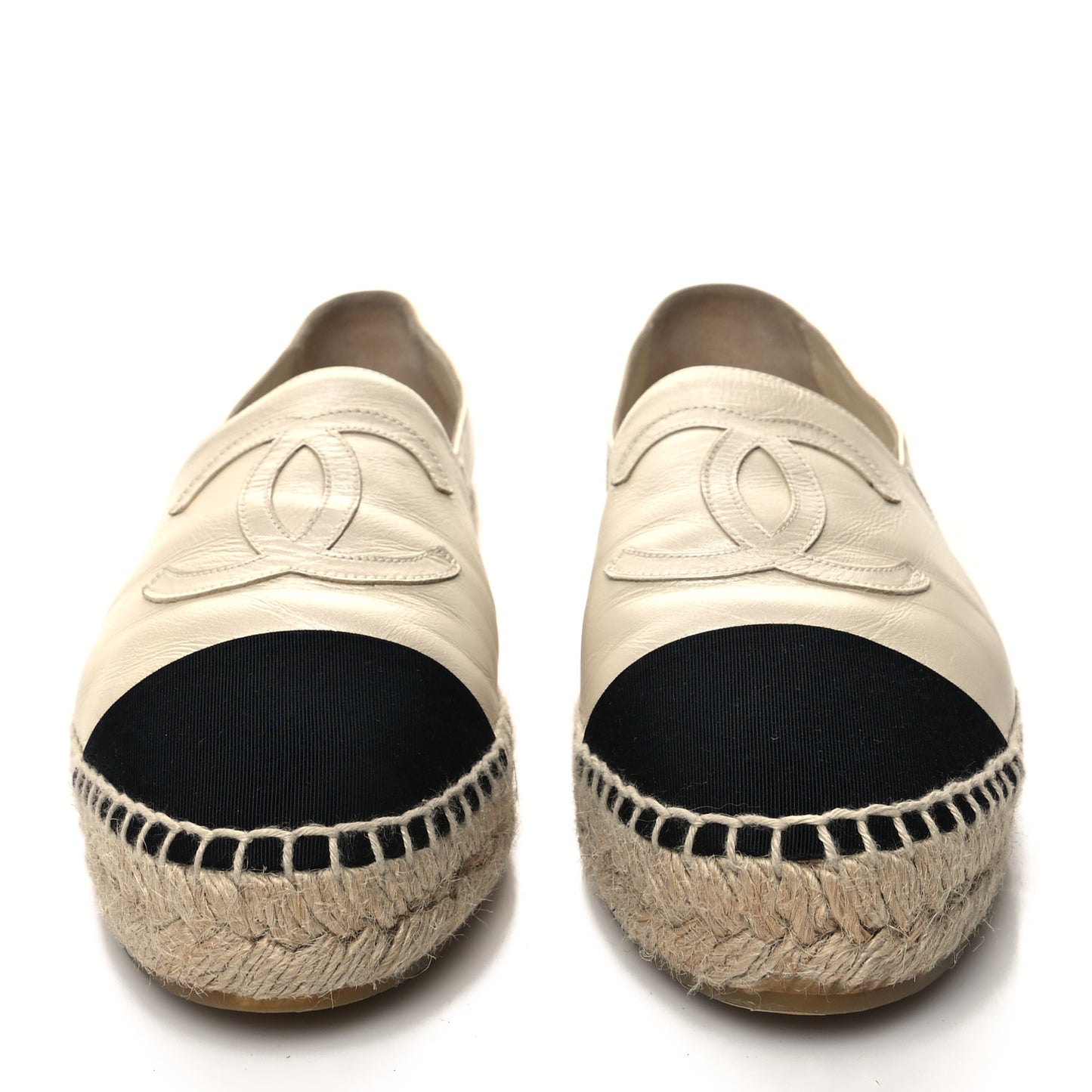Metallic Calfskin Grosgrain CC Espadrilles 38 Ivory Black