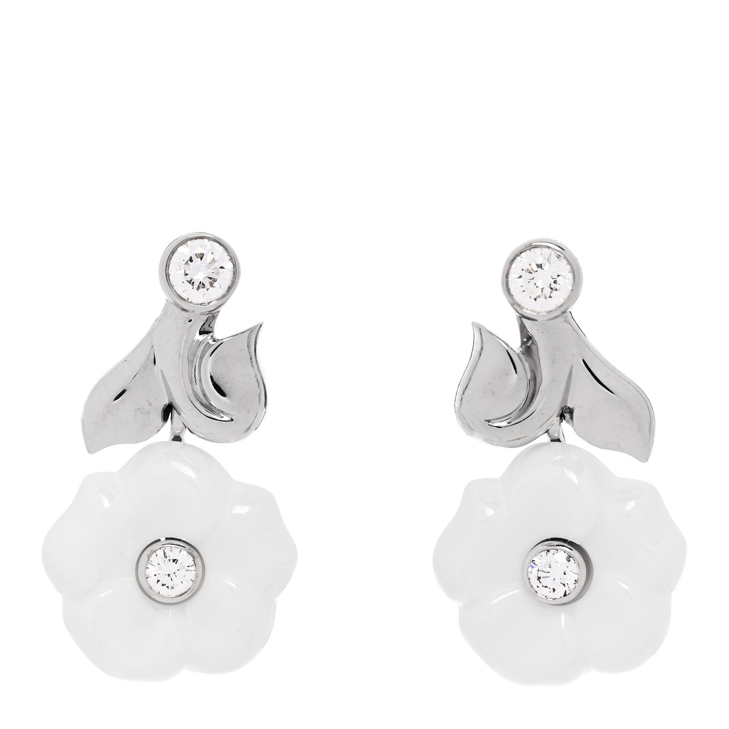 18K White Gold Diamond Ceramic Camellia Drop Earrings