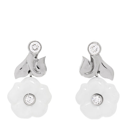 Chanel 18K White Gold Diamond Ceramic Camellia Drop Earrings 1 of 4