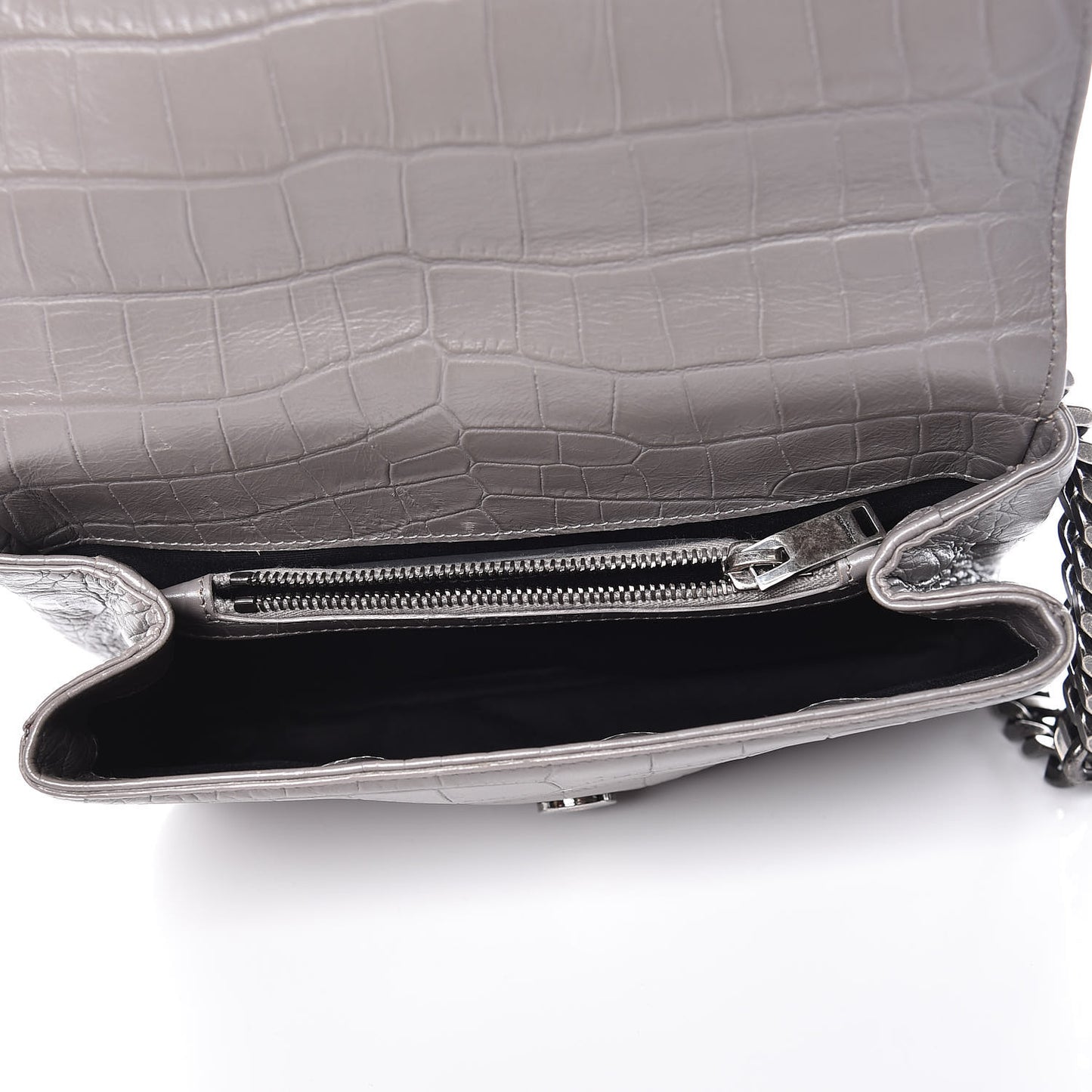 Calfskin Crocodile Embossed Medium College Monogram Satchel Gray