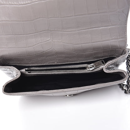 Saint Laurent Calfskin Crocodile Embossed Medium College Monogram Satchel Gray 7 of 15