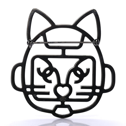 Chanel Strass Crystal Emoji Robot Cat Brooch Black Silver 3 of 4