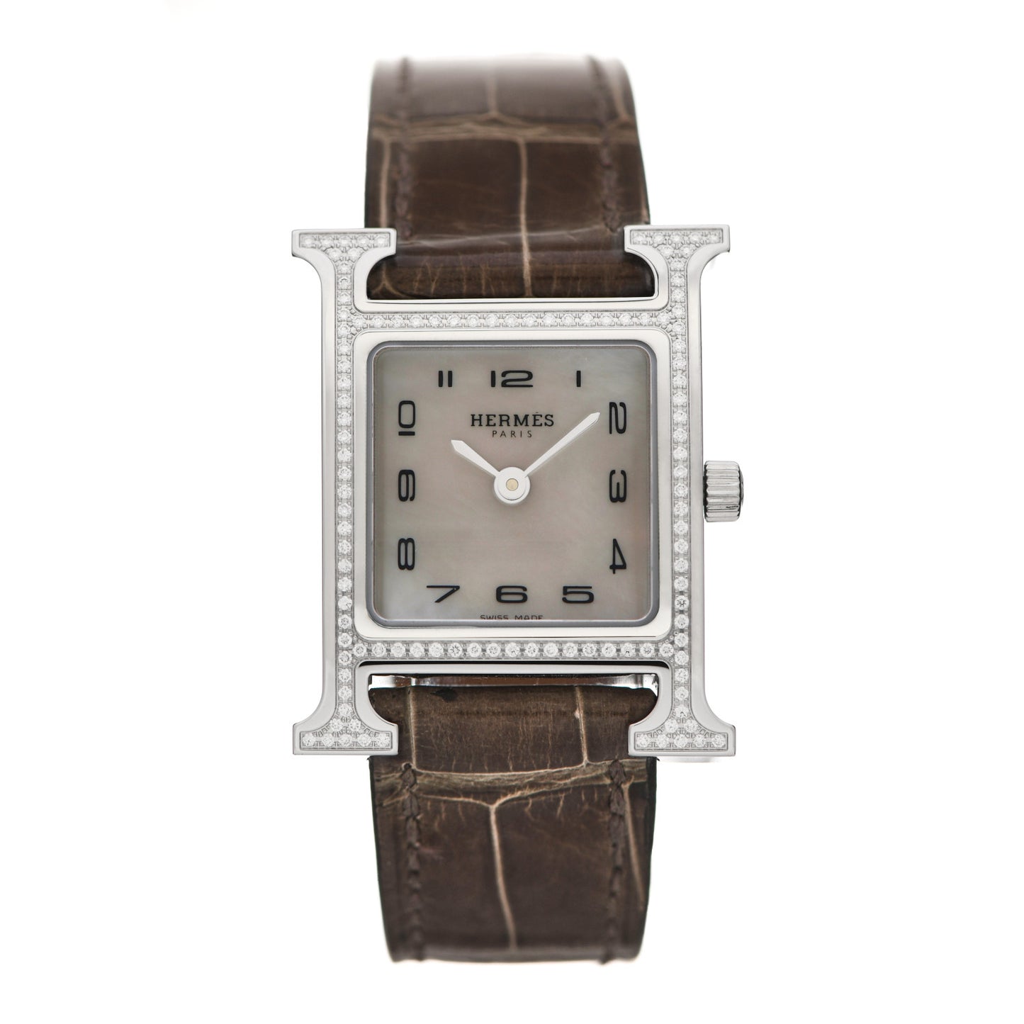 Stainless Steel Alligator Diamond Bezel Mother of Pearl 21mm Heure H Hour Quartz Watch Gris Elephant