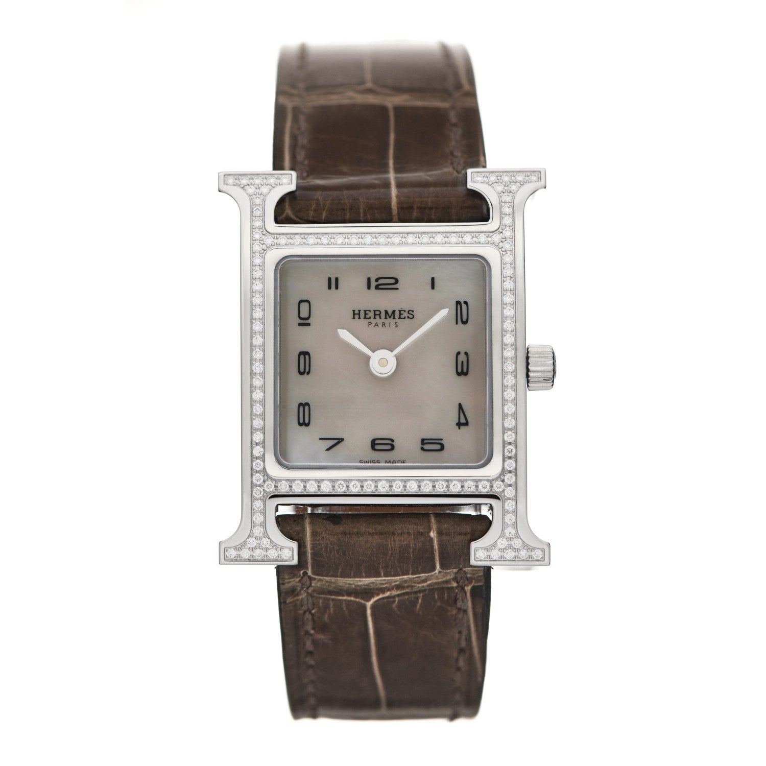 Hermes Stainless Steel Alligator Diamond Bezel Mother of Pearl 21mm Heure H Hour Quartz Watch Gris Elephant 1 of 5