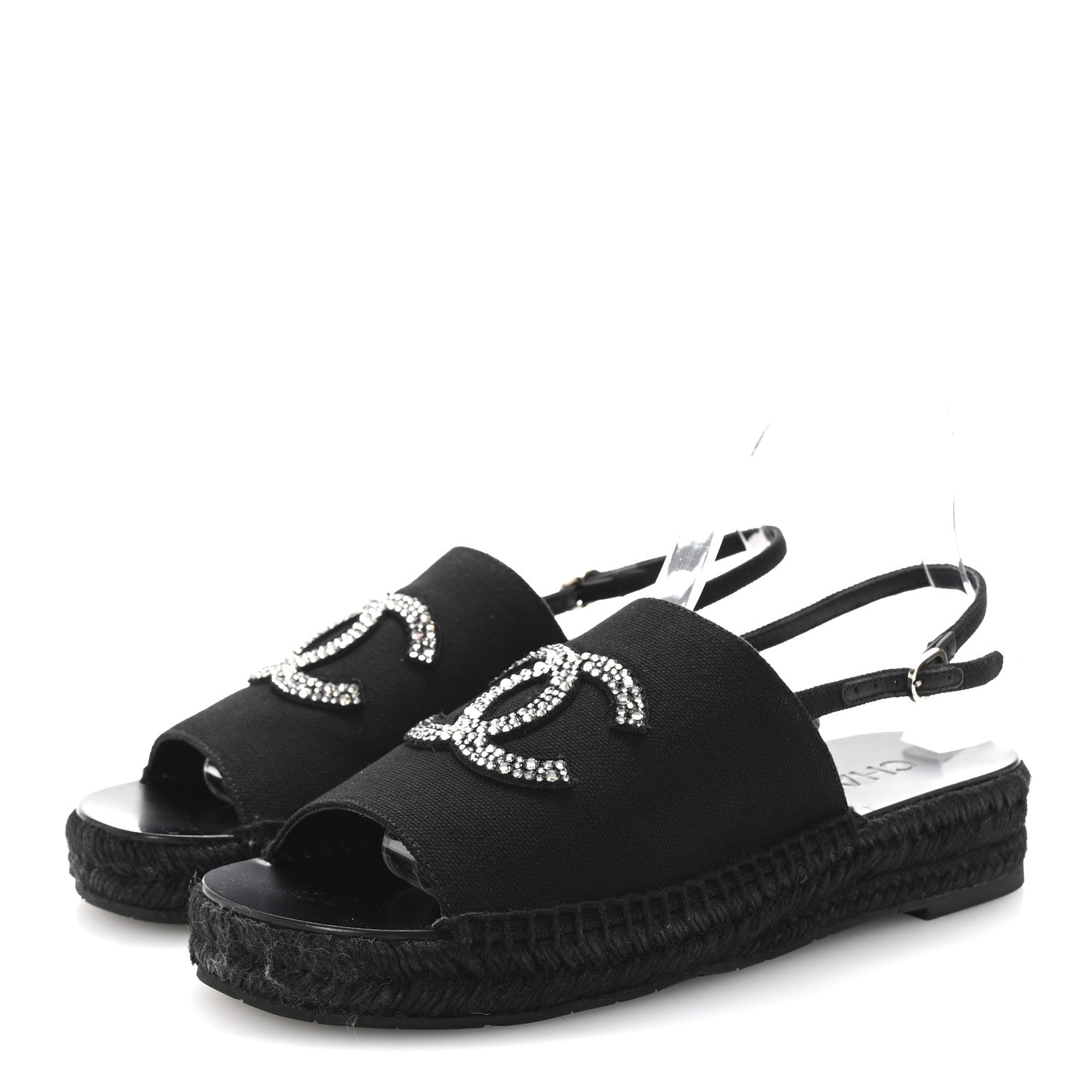 Chanel Canvas Strass CC Espadrille Slingback Sandals 39 Black 4 of 10