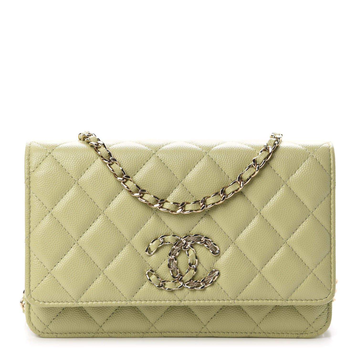Chanel Caviar Quilted French New Wave Chain CC Wallet On Chain WOC Light Green 1 of 12