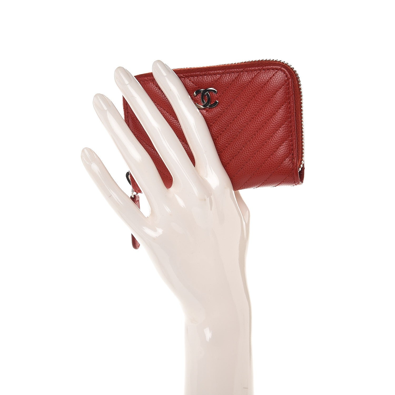 Chanel Caviar Chevron Quilted Zip Around Coin Purse Dark Red 2 of 8