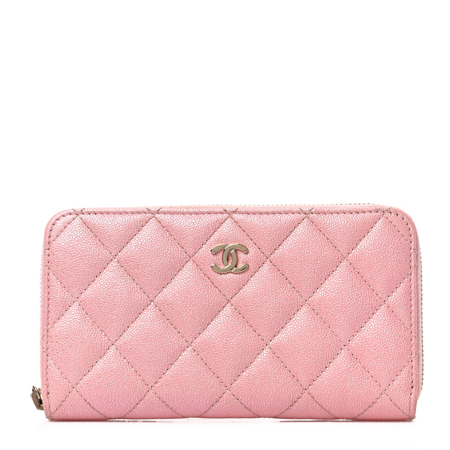 Iridescent Caviar Quilted Medium Zip Around Wallet Pink