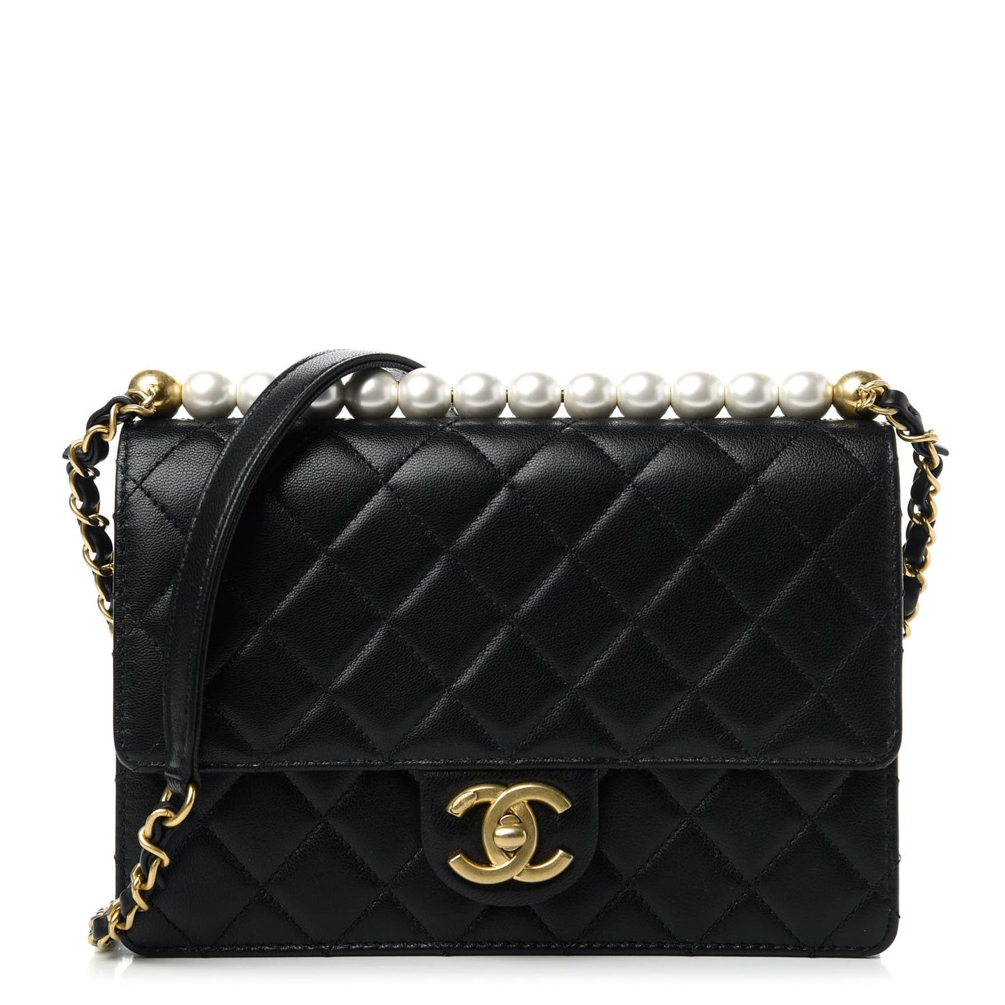 Lambskin Quilted Small Chic Pearls Flap Black