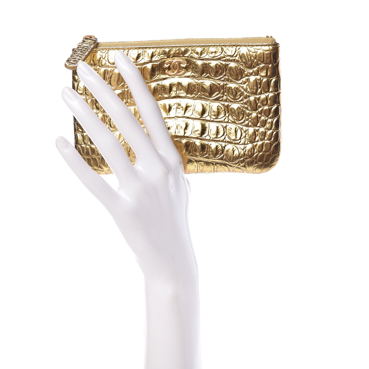 Metallic Calfskin Crocodile Embossed Cocodile Small Cosmetic Case Gold